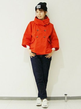 「アイテム（ノーカラージャケット、レッド系）」を使った、オールオーディナリーズさん（レディース・163cm）の冬コーディネート