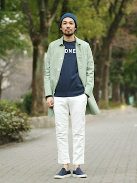 「バレンタインデートスタイル」｜「アイテム（ステンカラーコート）」を使った、hanadaさん（メンズ・177cm）の冬コーディネート