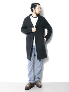 「グラミチ」｜「アイテム（チェスターコート）」を使った、hanadaさん（メンズ・177cm）の冬コーディネート