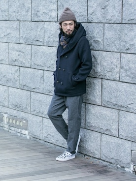 「ダブルジャケット」｜「アイテム（ピーコート）」を使った、hanadaさん（メンズ・177cm）の秋コーディネート