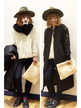 「ストライプパンツ」｜「アイテム（ミリタリージャケット）」を使った、SHIshaMOmo☆さん（レディース・158cm）の冬コーディネート