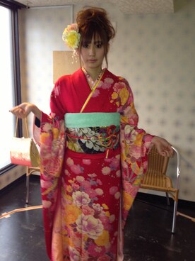 「アイテム（水着/着物・浴衣、レッド系）」を使った、ゆりさん（レディース・169cm）の冬コーディネート