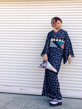 「着物」｜「アイテム（ノーカラージャケット）」を使った、CHOKOさん（レディース・167cm）の冬コーディネート