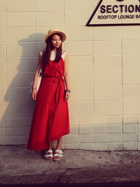 「merry jenny（メリージェニー）のﾀｲﾜﾝﾋﾟｰｽ（ワンピース、レッド系）」を使った、Miyoung Kimさん（レディース・157cm）の夏コーディネート