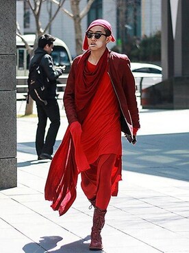 「red」｜「アイテム（ライダースジャケット）」を使った、gomongさん（メンズ・176cm）の冬コーディネート