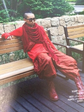 「アイテム（ベスト、レッド系）」を使った、gomongさん（メンズ・176cm）の冬コーディネート