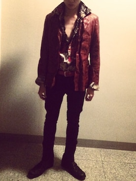 「アイテム（ライダースジャケット、レッド系）」を使った、gomongさん（メンズ・176cm）の冬コーディネート