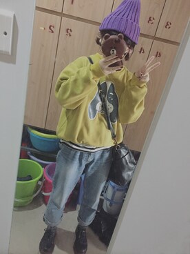 「mujiの黑白条纹长袖t（Tシャツ/カットソー、ブラック系）」を使った、mango_goさん（レディース・151cm）の秋コーディネート