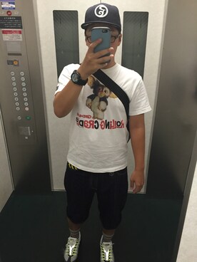 「ROLLING CRADLE（ローリングクレイドル）のアイテム（帽子）」を使った、おかぴろさん（メンズ・173cm）の夏コーディネート