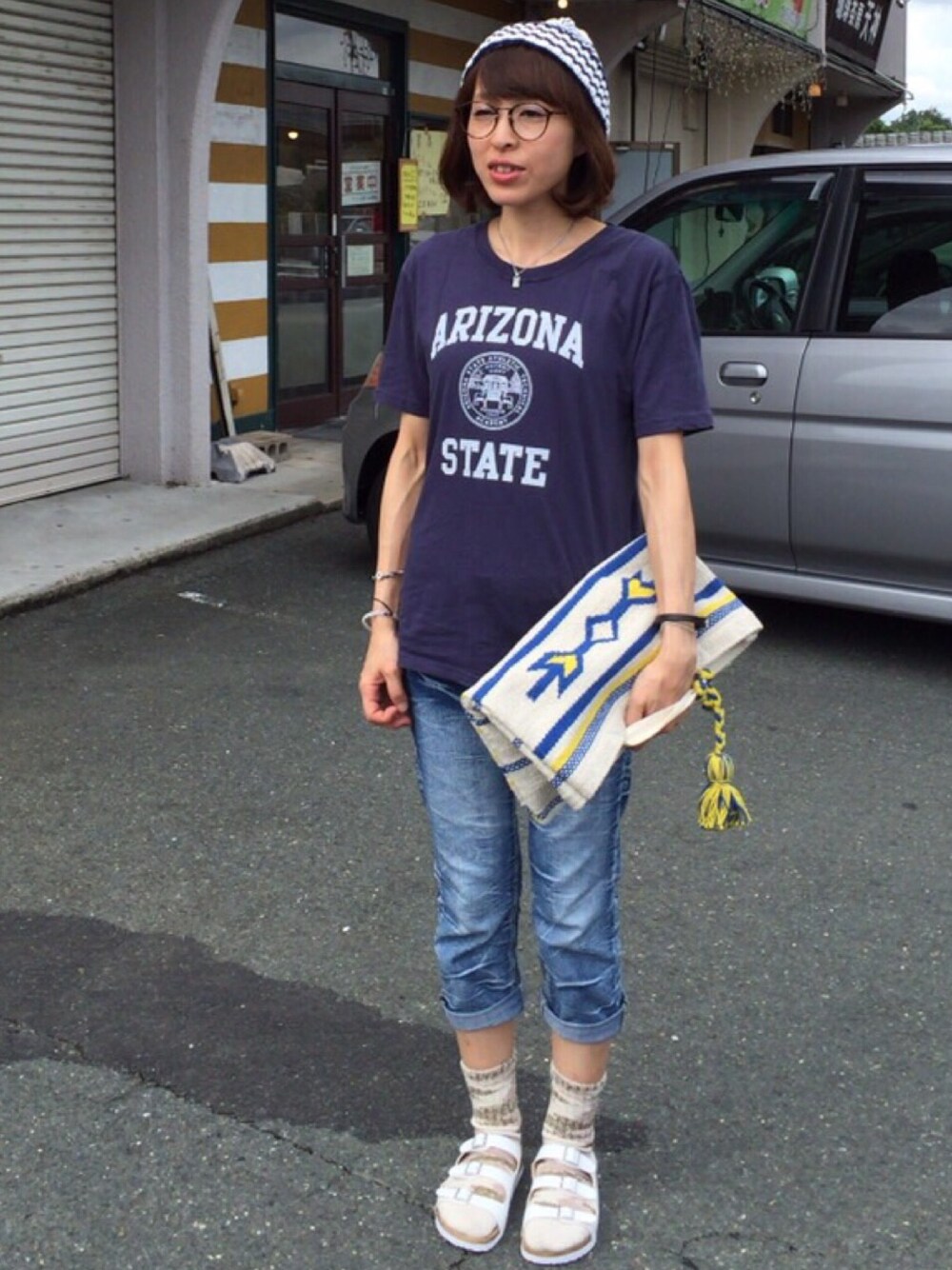 「Ungridのアイテム（Tシャツ/カットソー、ブルー系）」を使った、まっきいさん（レディース・158cm）の夏コーディネートの1枚目の写真