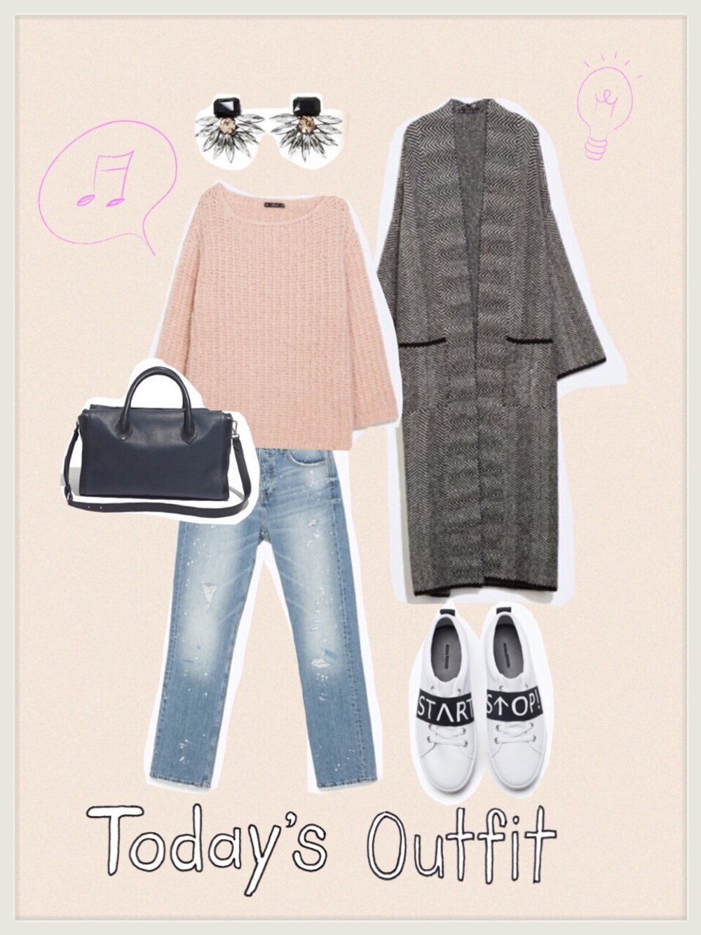 ピンク系のニット/セーター、ブルー系のデニムパンツ、グレー系のその他アウターを着用したレディースの春コーディネートの1枚目の写真