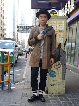 「アイテム（ピーコート、ベージュ系）」を使った、somingさん（メンズ・174cm）の冬コーディネート