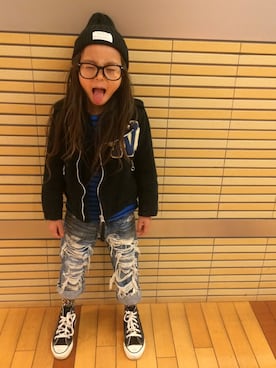 「DENIM DUNGAREE（デニムダンガリー）のアイテム（ライダースジャケット）」を使った、ru-neiさん（キッズ・110cm）の冬コーディネート