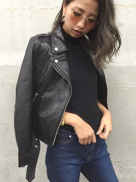 「MURUA（ムルーア）のアイテム（ライダースジャケット）」を使った、草野春香さん（レディース・170cm）の秋コーディネート