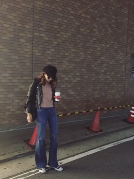 「MURUA（ムルーア）のアイテム（ライダースジャケット）」を使った、草野春香さん（レディース・170cm）の秋コーディネート