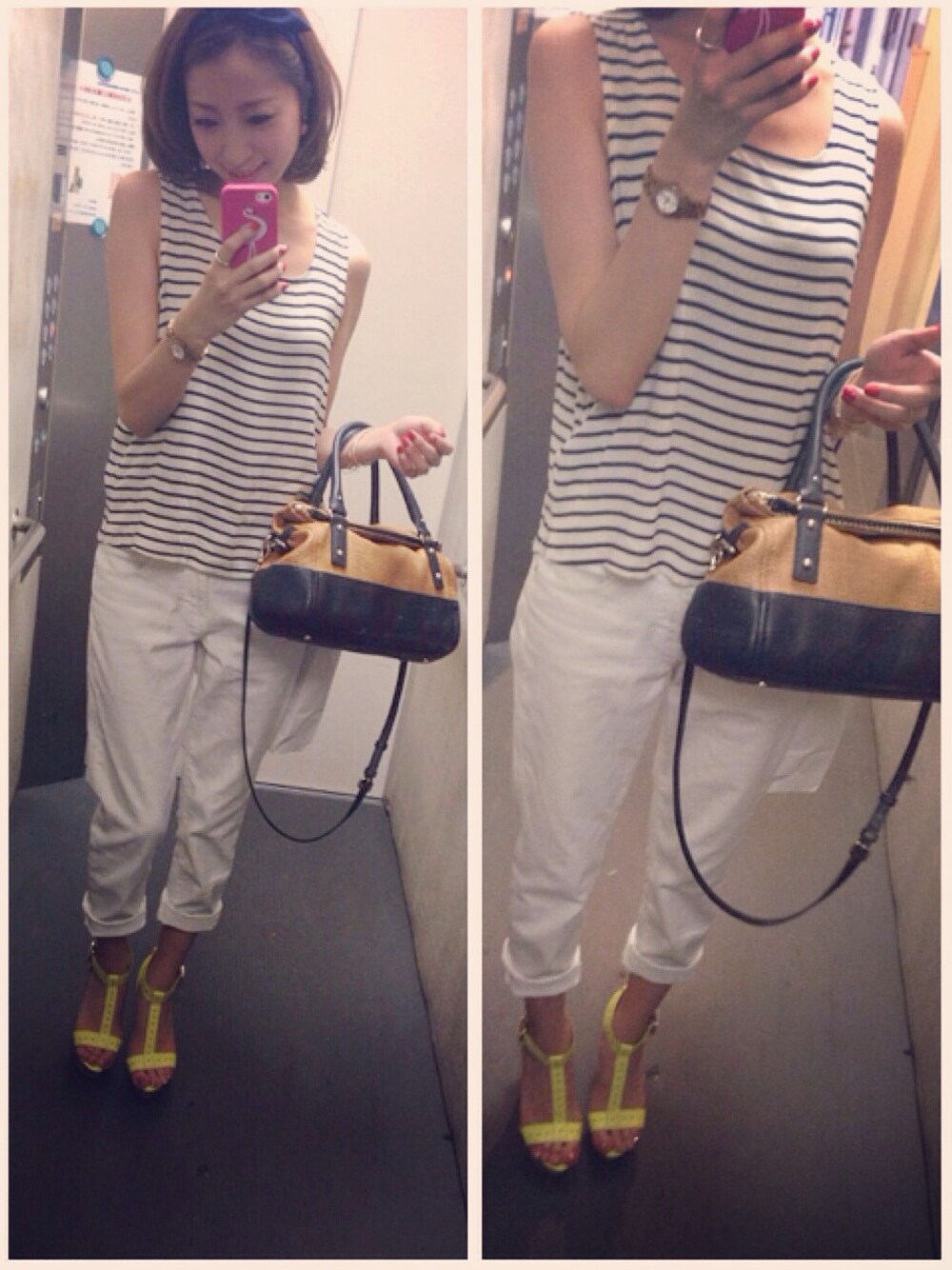 「差し色、ホワイトデニム、ボーダートップス、ボーイフレンドジーンズ、蛍光イエロー」｜「kate spade new yorkのkate spade new york 夏バッグ（トートバッグ、ブラウン系）」を使った、yonnyさん（レディース・163cm）の夏コーディネートの1枚目の写真