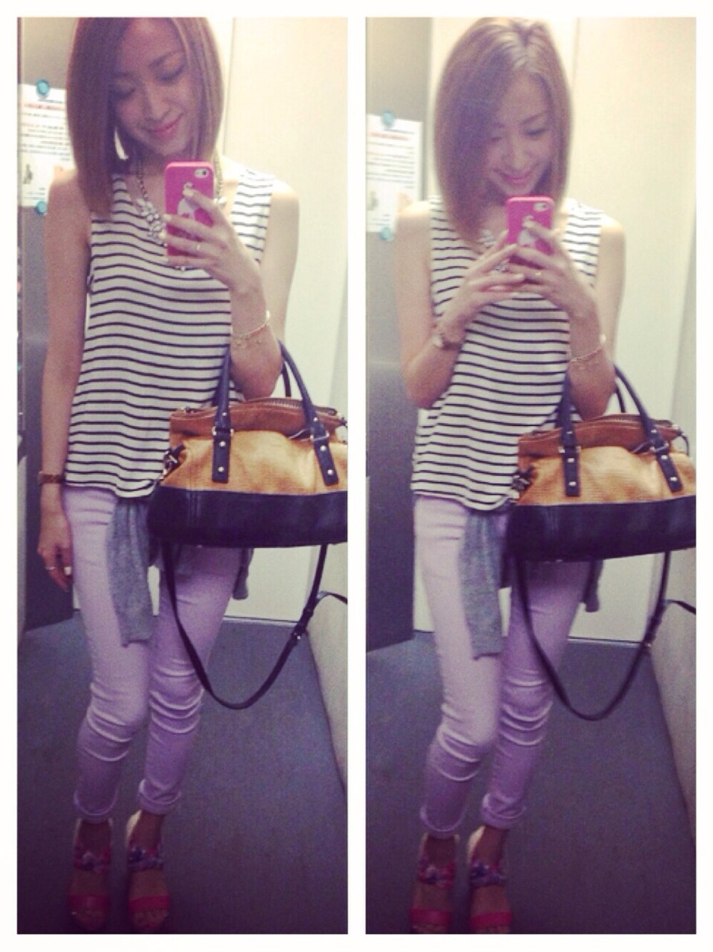 「パープル、RANDA、ボーダートップス」｜「kate spade new yorkのkate spade new york 夏バッグ（トートバッグ、ブラウン系）」を使った、yonnyさん（レディース・163cm）の夏コーディネートの1枚目の写真