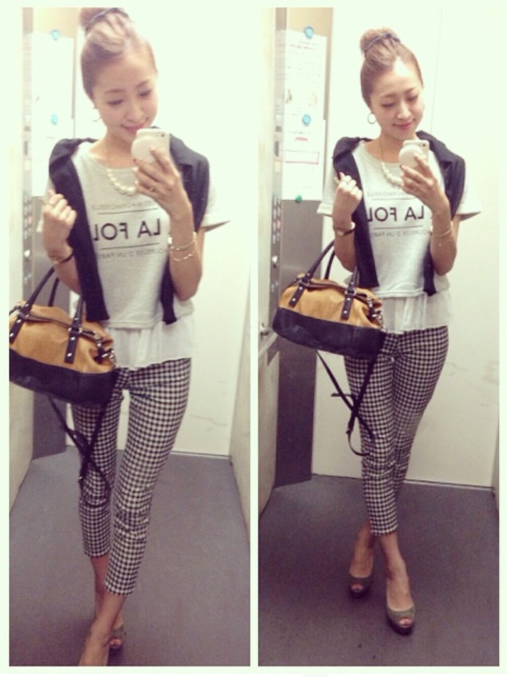 「ショート丈トップス、モノトーン、グレー、パールネックレス、お団子ヘアー、カーキ色」｜「kate spade new yorkのkate spade new york 夏バッグ（トートバッグ、ブラウン系）」を使った、yonnyさん（レディース・163cm）の秋コーディネートの1枚目の写真