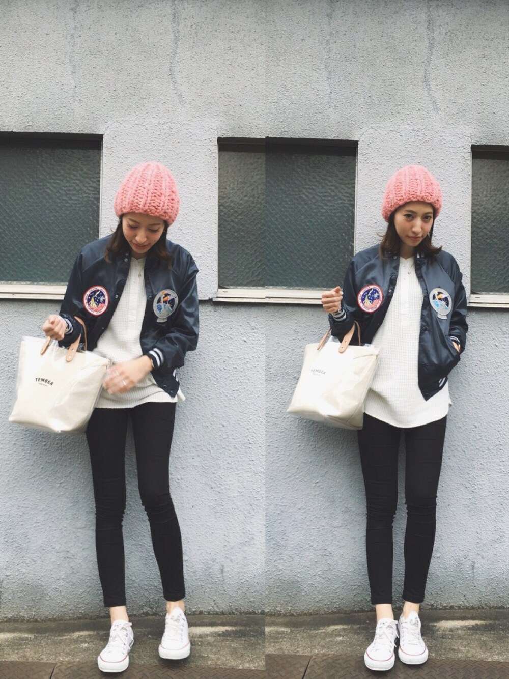 「カジュアルコーデ、はるコーデ、コンバース、ママコーデ、公園スタイル、スキニーデニム、サーマル」｜「BEAMS BOYのASW / Patch Award Jacket（ブルゾン、ブルー系）」を使った、ヤマサキ サオリさん（レディース・169cm）の春コーディネートの1枚目の写真