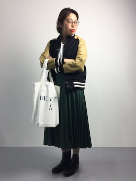 「マキシスカート」｜「アイテム（スタジャン）」を使った、ぽんさん（レディース・158cm）の秋コーディネート