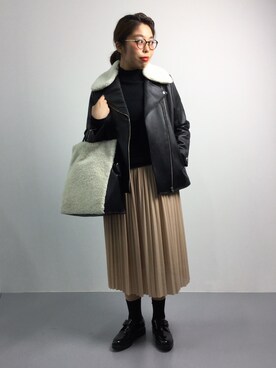 「ADAM ET ROPE'（アダムエロペ）のアイテム（ライダースジャケット）」を使った、ぽんさん（レディース・158cm）の秋コーディネート