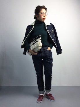 「カシミヤ」｜「アイテム（デニムジャケット）」を使った、ぽんさん（レディース・158cm）の秋コーディネート