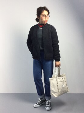 「ラインニット」｜「アイテム（その他アウター）」を使った、ぽんさん（レディース・158cm）の秋コーディネート