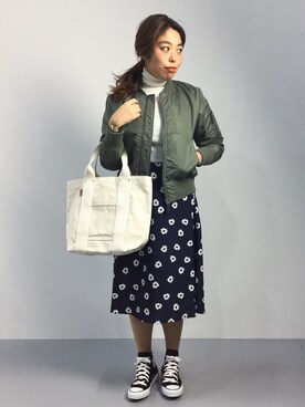 「ニットキャップ」｜「アイテム（MA-1）」を使った、ぽんさん（レディース・158cm）の秋コーディネート