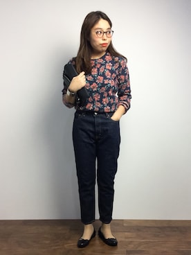 「クルーネック」｜「アイテム（バレエシューズ）」を使った、ぽんさん（レディース・158cm）の秋コーディネート