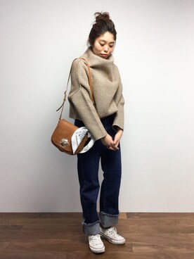 「フリンジデニム」｜「アイテム（財布/小物）」を使った、ぽんさん（レディース・158cm）の冬コーディネート