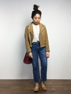 「SLOBE IENA（スローブイエナ）のアイテム（ライダースジャケット）」を使った、ぽんさん（レディース・158cm）の冬コーディネート