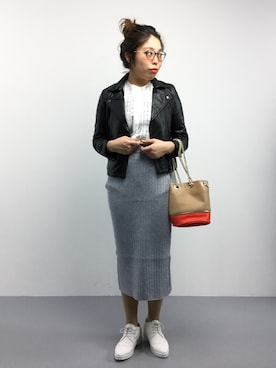 「STUDIOUS（ステュディオス）のアイテム（ライダースジャケット）」を使った、ぽんさん（レディース・158cm）の冬コーディネート