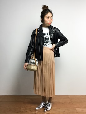 「JEANASIS（ジーナシス）のアイテム（ライダースジャケット）」を使った、ぽんさん（レディース・158cm）の冬コーディネート