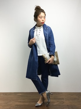 「Ameri（アメリ）のアイテム（デニムパンツ）」を使った、ぽんさん（レディース・158cm）の春コーディネート