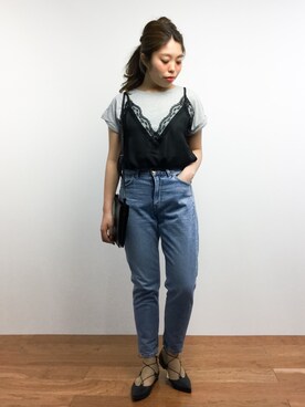 「テーパードデニム」｜ぽんさん（レディース・158cm）の春コーディネート