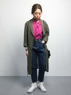 「リネンシャツ」｜「アイテム（その他アウター）」を使った、ぽんさん（レディース・158cm）の春コーディネート