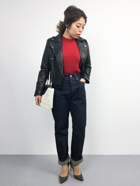 「ADAM ET ROPE'（アダムエロペ）のアイテム（ライダースジャケット）」を使った、ぽんさん（レディース・158cm）の秋コーディネート