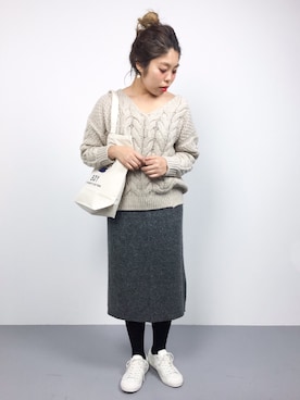 「SLOBE IENA（スローブイエナ）の3GG Vネックケーブルニット◆（ニット/セーター）」を使った、ぽんさん（レディース・158cm）の秋コーディネート