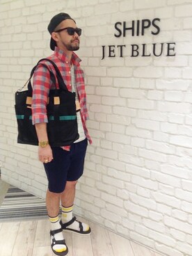 「SHIPS JET BLUE（シップスジェットブルー）のアイテム（サンダル）」を使った、西川さん（メンズ・174cm）の夏コーディネート