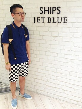「SHIPS JET BLUE（シップスジェットブルー）のアイテム（ポロシャツ）」を使った、西川さん（メンズ・174cm）の夏コーディネート
