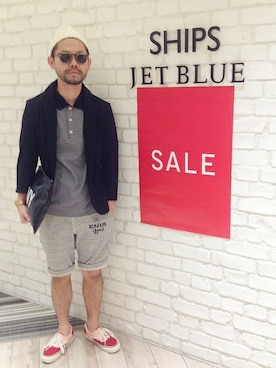 「SHIPS JET BLUE（シップスジェットブルー）のアイテム（ポロシャツ）」を使った、西川さん（メンズ・174cm）の夏コーディネート