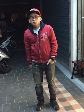 「HUF（ハフ）のアイテム（スタジャン）」を使った、K.F Chenさん（メンズ・171cm）の冬コーディネート