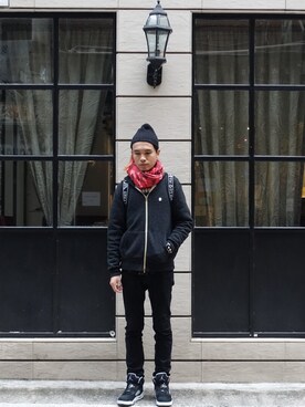 「A BATHING APE（アベイシングエイプ）のアイテム（ムートンコート）」を使った、Alan  Hoさん（メンズ・173cm）の冬コーディネート