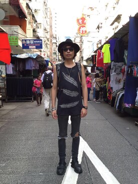 「TOPMAN（トップマン）のアイテム（帽子）」を使った、Alan  Hoさん（メンズ・179cm）の夏コーディネート