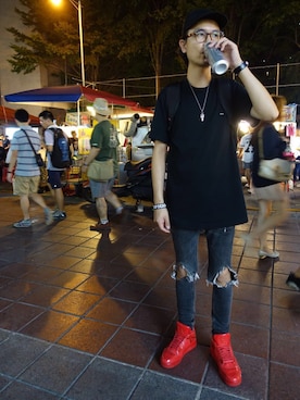 「MUJI Labo（ムジラボ）のアイテム（キャップ）」を使った、Alan  Hoさん（メンズ・179cm）の夏コーディネート