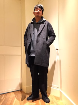 「UNUSED」｜「アイテム（チェスターコート）」を使った、Naoki Tachibanaさん（メンズ・190cm）の冬コーディネート