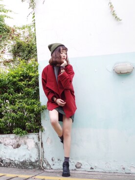 「red」｜「アイテム（ニットキャップ/ビーニー）」を使った、Leungさん（レディース・161cm）の冬コーディネート