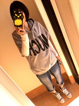「no brand（ノーブランド）のアイテム（パーカー、グレー系）」を使った、kancham☆さん（レディース・170cm）の春コーディネート