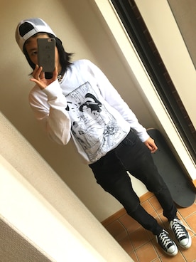 「Supreme （シュプリーム）のアイテム（Tシャツ/カットソー、ホワイト系）」を使った、kancham☆さん（レディース・170cm）の夏コーディネート