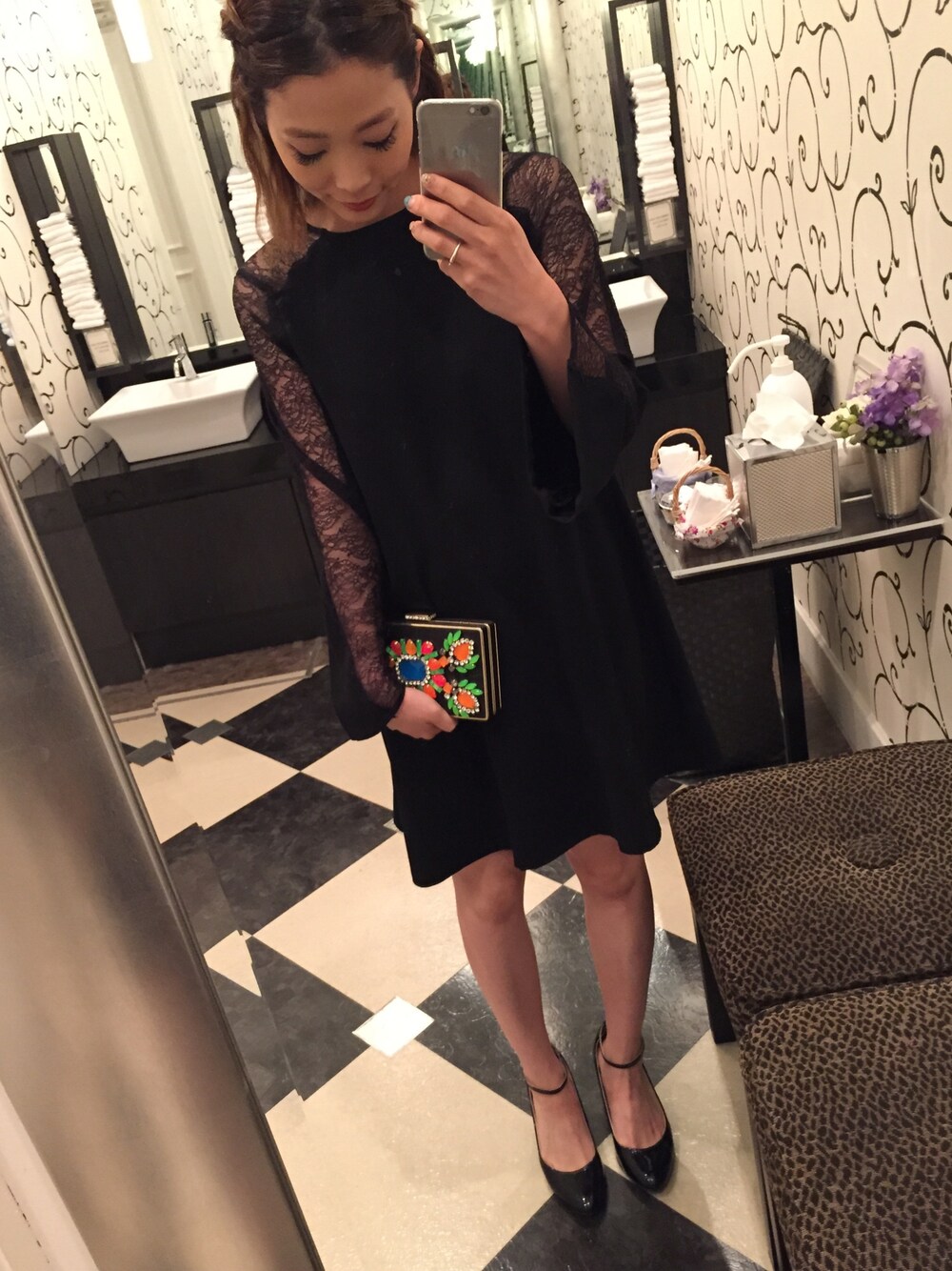 「ワンピース、黒、結婚式二次会スタイル、結婚式、お呼ばれスタイル、女の子、black、onepiece、wedding、ZARA」｜「JILL by JILL STUARTのアイテム（クラッチバッグ、ブラック系）」を使った、あんずさん（レディース・155cm）の夏コーディネートの1枚目の写真